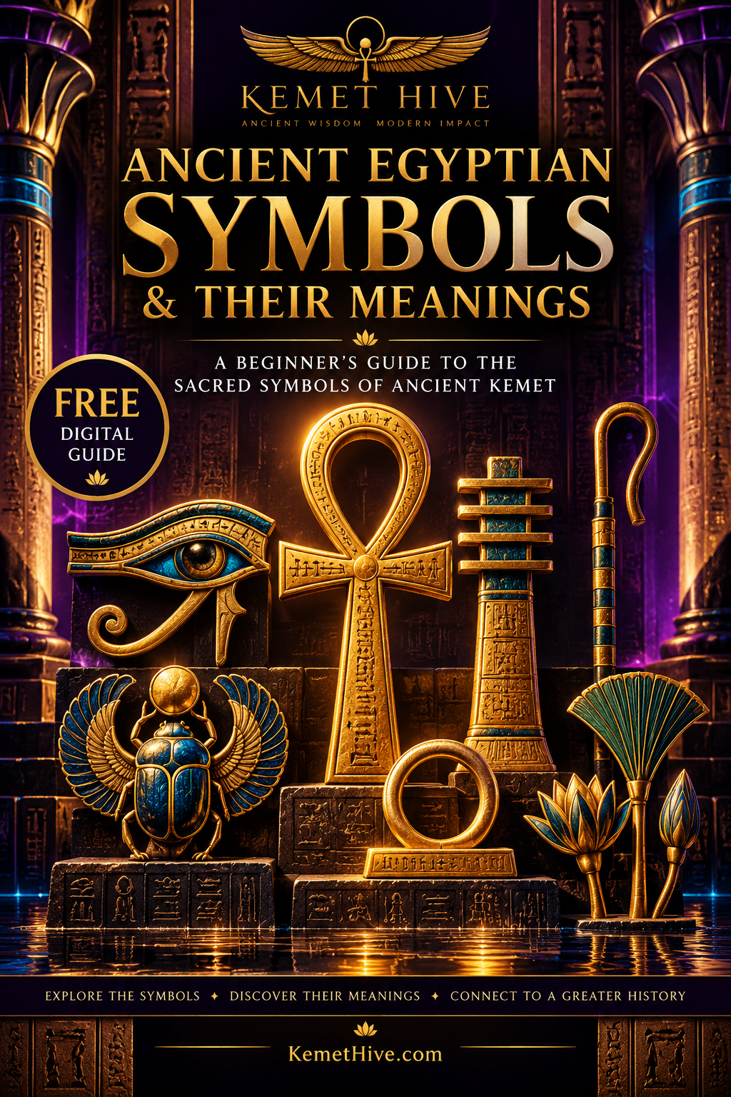 Ancient Egyptian Symbols and Their Meanings | Kemet Hive Free Guide Ancient Egyptian symbols including the ankh, Wedjat Eye, scarab, djed pillar, was scepter, lotus, and papyrus on the Kemet Hive free guide cover