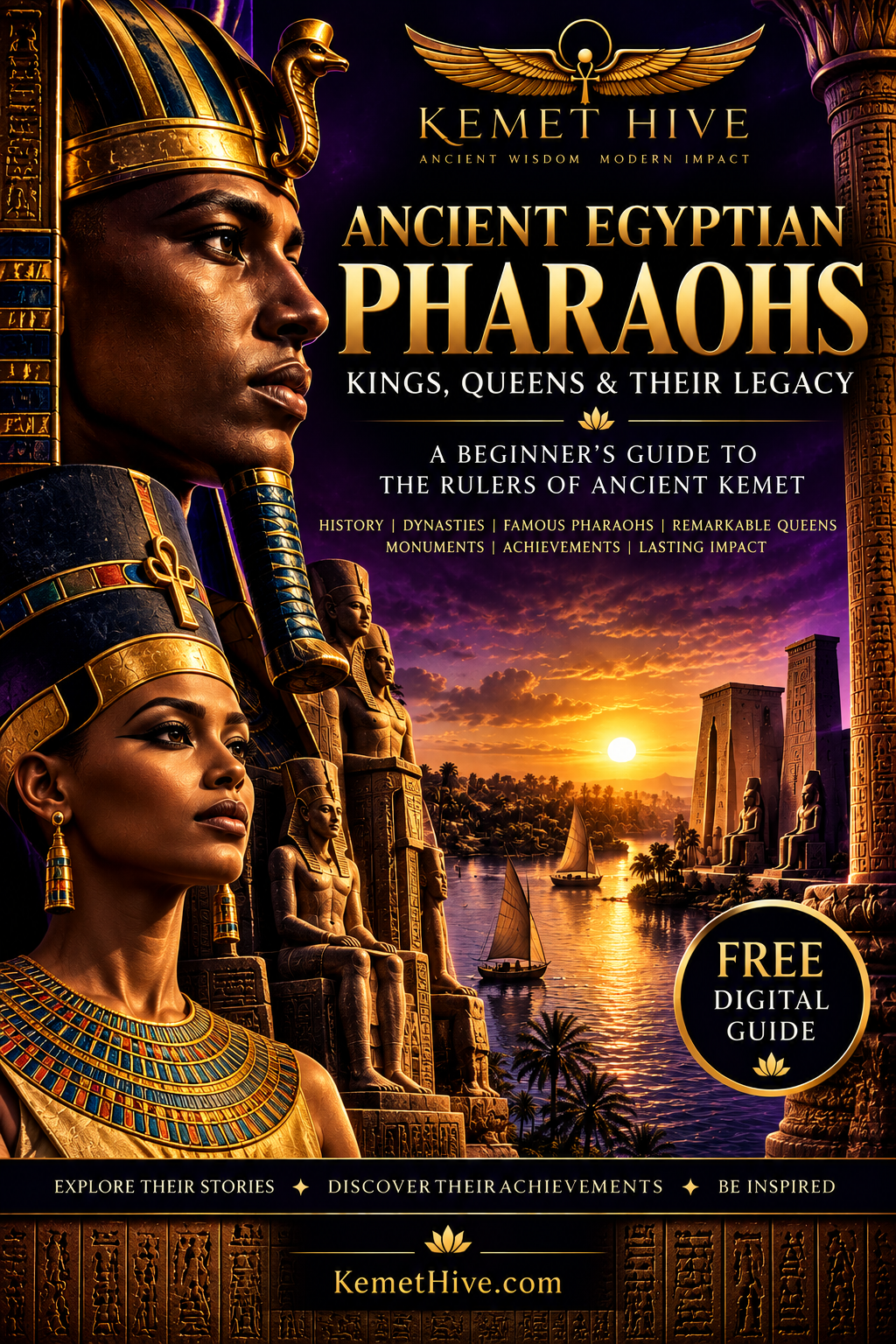 Ancient Egyptian Pharaohs: Kings, Queens & Their Legacy | Kemet Hive Ancient Egyptian pharaohs and royal women overlooking the Nile on the Kemet Hive free guide cover