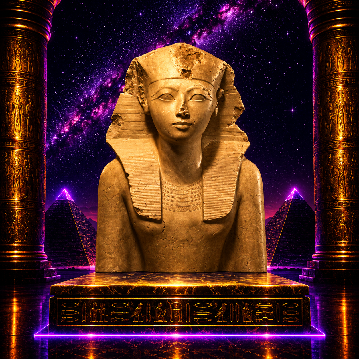 Hatshepsut, powerful female pharaoh of ancient Egypt, depicted in traditional Egyptian royal regalia