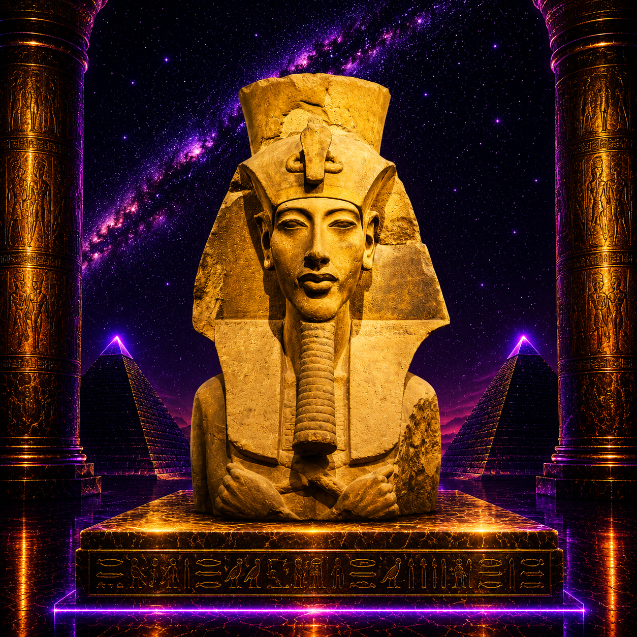 Pharaoh Akhenaten of ancient Egypt beneath the radiant Aten sun disk at an ancient Egyptian temple