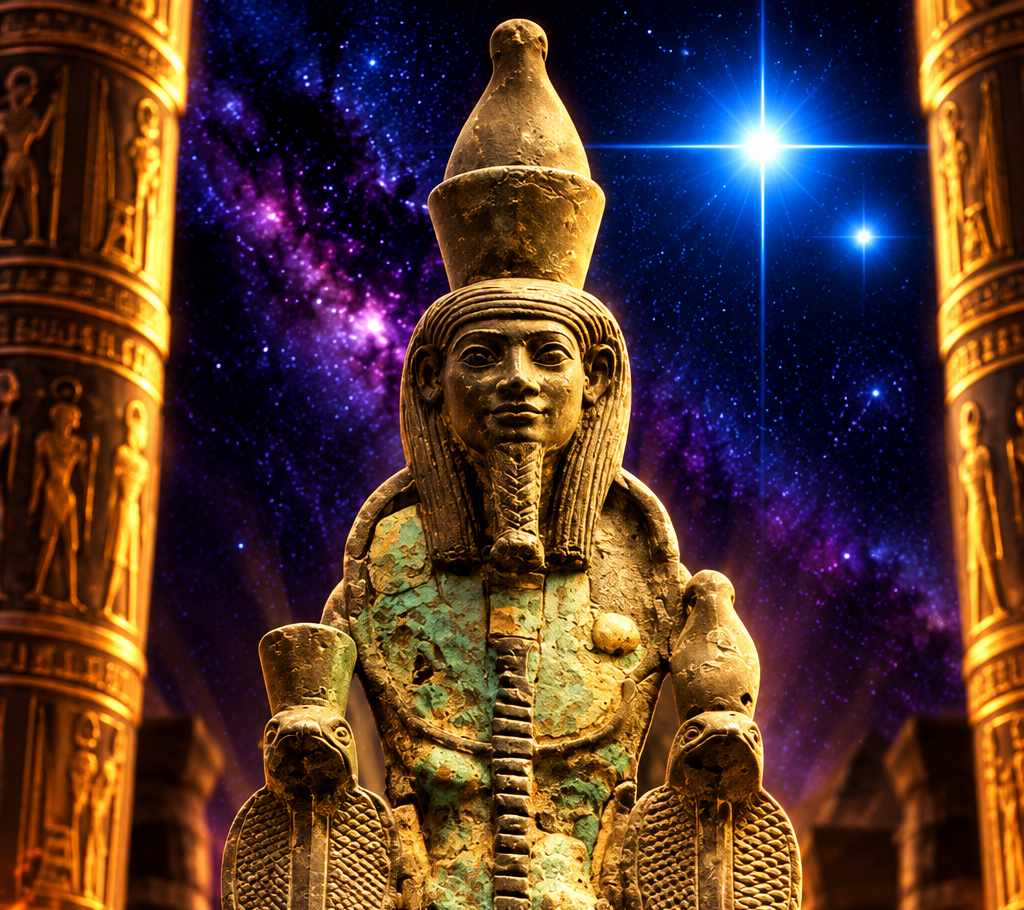 Atum, ancient Egyptian creator god, wearing the Double Crown and representing creation and the emergence of the cosmos.