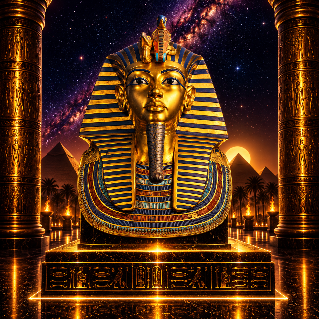 Artistic reconstruction of King Tutankhamun in royal Egyptian regalia, introducing his life, reign, tomb, and legacy in ancient Egypt.