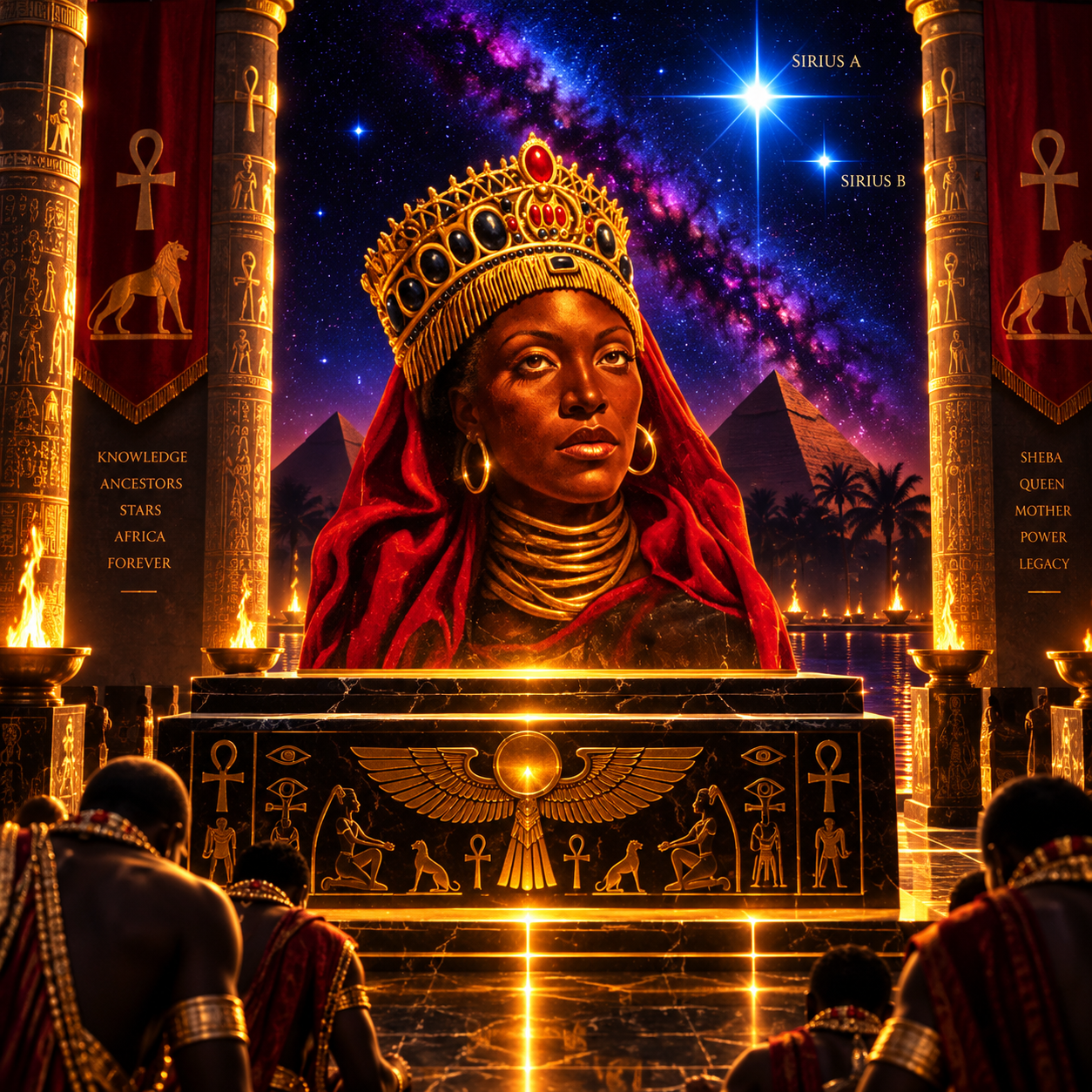 ueen Makeda, the Queen of Sheba, portrayed as a powerful African queen representing the ancient Ethiopian tradition connecting her with King Solomon.