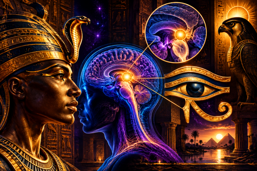 Artistic comparison of the ancient Egyptian Eye of Horus, royal uraeus cobra, and human brain highlighting the proposed connection with the pineal gland.