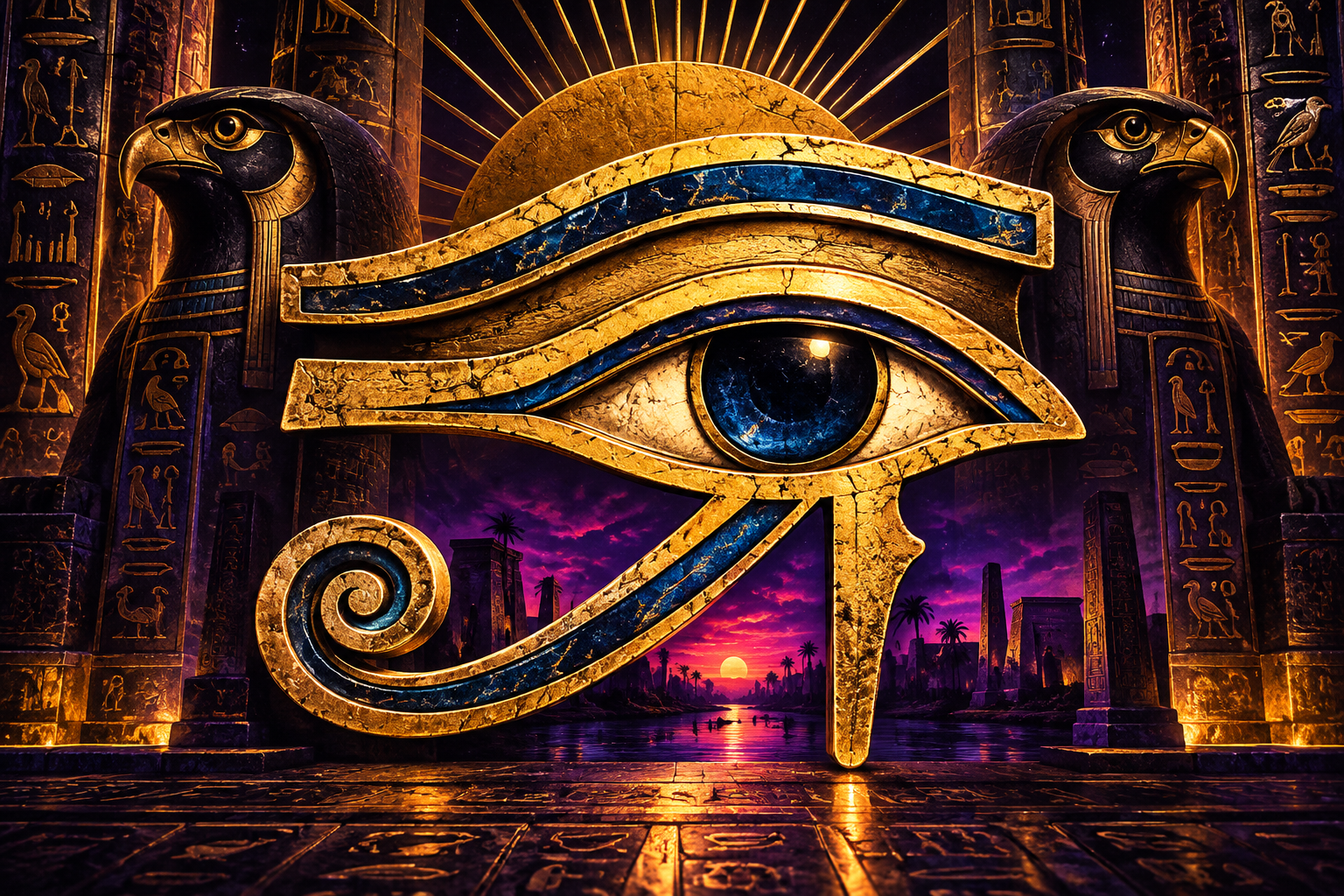 Golden Eye of Horus (Wedjat Eye) with blue inlays, flanked by falcons in an ancient Egyptian temple, symbolizing protection and restoration.