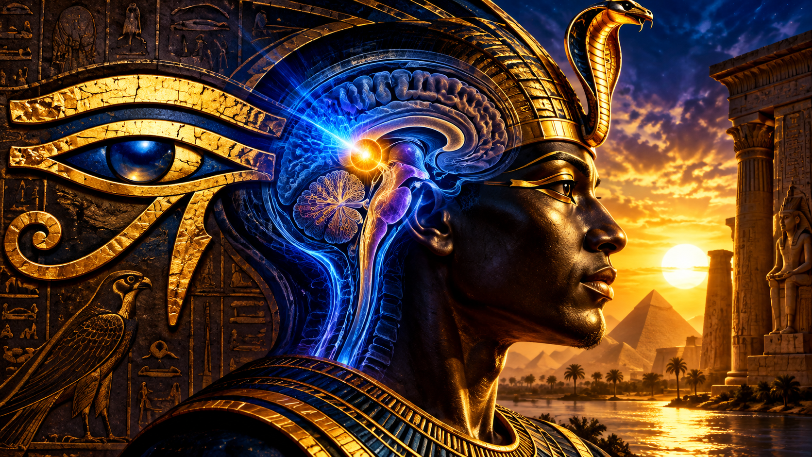 Ancient Egyptian pharaoh wearing a golden uraeus cobra, with the Eye of Horus and an illuminated brain illustrating theories connecting the pineal gland to ancient Egyptian symbolism.